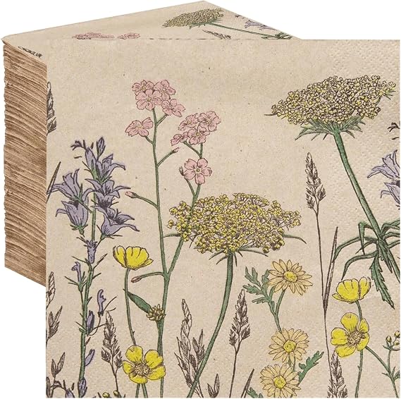 Table Kind 100 Bulk Pack Soft Recycled Paper Napkins Floral Disposable Party Napkins Catering and Everyday Use Unbleached Made in the EU 2-Ply 33 cm