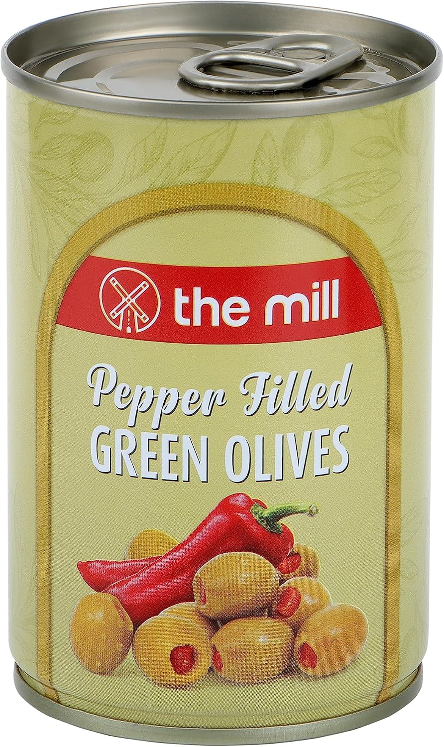 The Mill Pepper Filled Green Olive Tin - Strained Weight: 300 g - 361-400 pieceskg - Seedless - Pickled - Northern Aegean Region Olives - Rich in Vitamins and Antioxidants - Suitable for Vegans