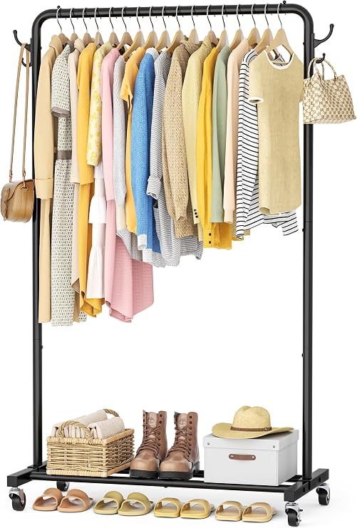 HOMIDEC Clothes Rail, 4 Side Hooks, Storage Shelf and Wheels, Metal, Black