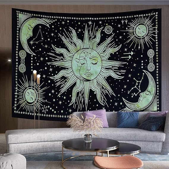 THE ART BOX Boho Decorative Rug Children's Room Bedroom Bedspread Aesthetic Bed Linen Tapestry Tumblr Wall Decoration Living Room Indie Room Decor 100% Cotton Green 75 x 100 cm