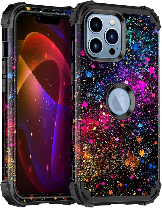 Miqala iPhone 14 Pro Max用ケース、暗闇で光る 3層 高耐久 耐衝撃 フルボディ保護 ハードプラスチックバンパー+ソフトシリコンケース Apple iPhone 14 Pro Max 17cm用、カラフルスカイ