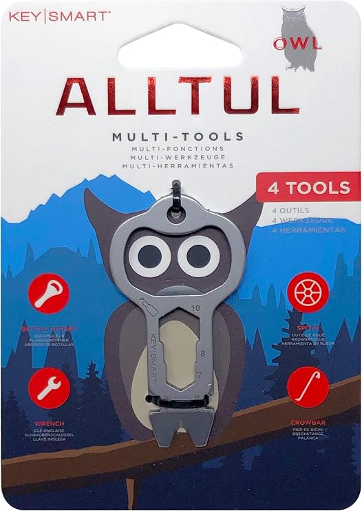 KeySmart AllTul - 4-in-1 Everyday Carry Multi-Purpose Keychain Multitool with Bottle Opener, Wrench, Spoke and Crowbar Ideal Utility Tool for Camping, Fishing and More (Owl)
