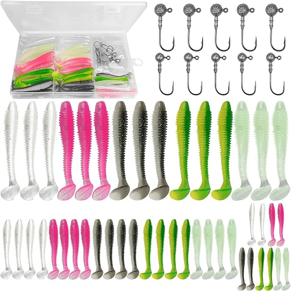 Pack of 45 Soft Fishing Lures and 10 Triangular Jig Heads for Spin Fishing 5.5 cm + 6.5 cm + 7.5 cm Fishing Lure Swimming Bait Rubber Fishing Lure Rubber Fish with Jig Head and Plastic Box 5