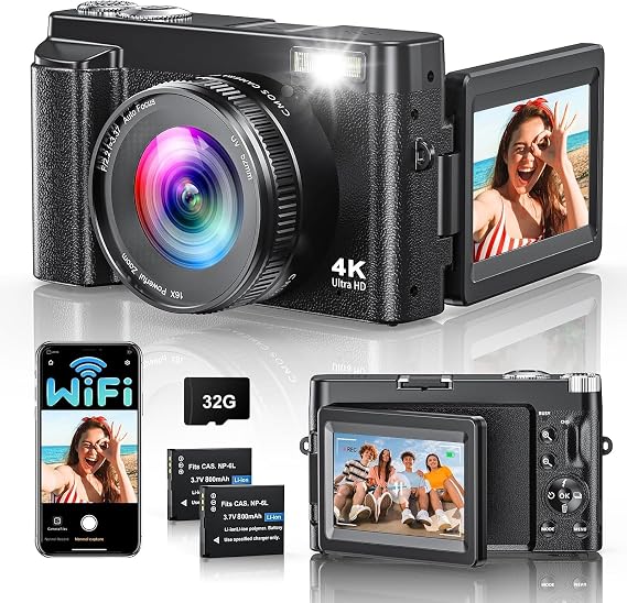 4K 64MP WiFi Digital Camera 180° Flip Screen Selfie Camera with 32GB Card