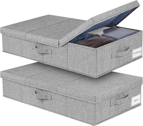 JUPELI Under Bed Storage Boxes with Lids, 2 Pack, 15 cm High, Grey | Reinforced Sidewalls and Bottom, Foldable Fabric Design, for Clothes, Bedding, Blankets, Sofa and Wardrobe Storage