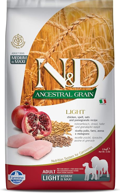 Farmina Pet Foods N&D Ancestral Grain Kuru Köpek Maması, Light Tavuk, Kılçıksız Buğday, Yulaf ve Narlı, Yetişkin Medium ve Maxi, 2.5 kg