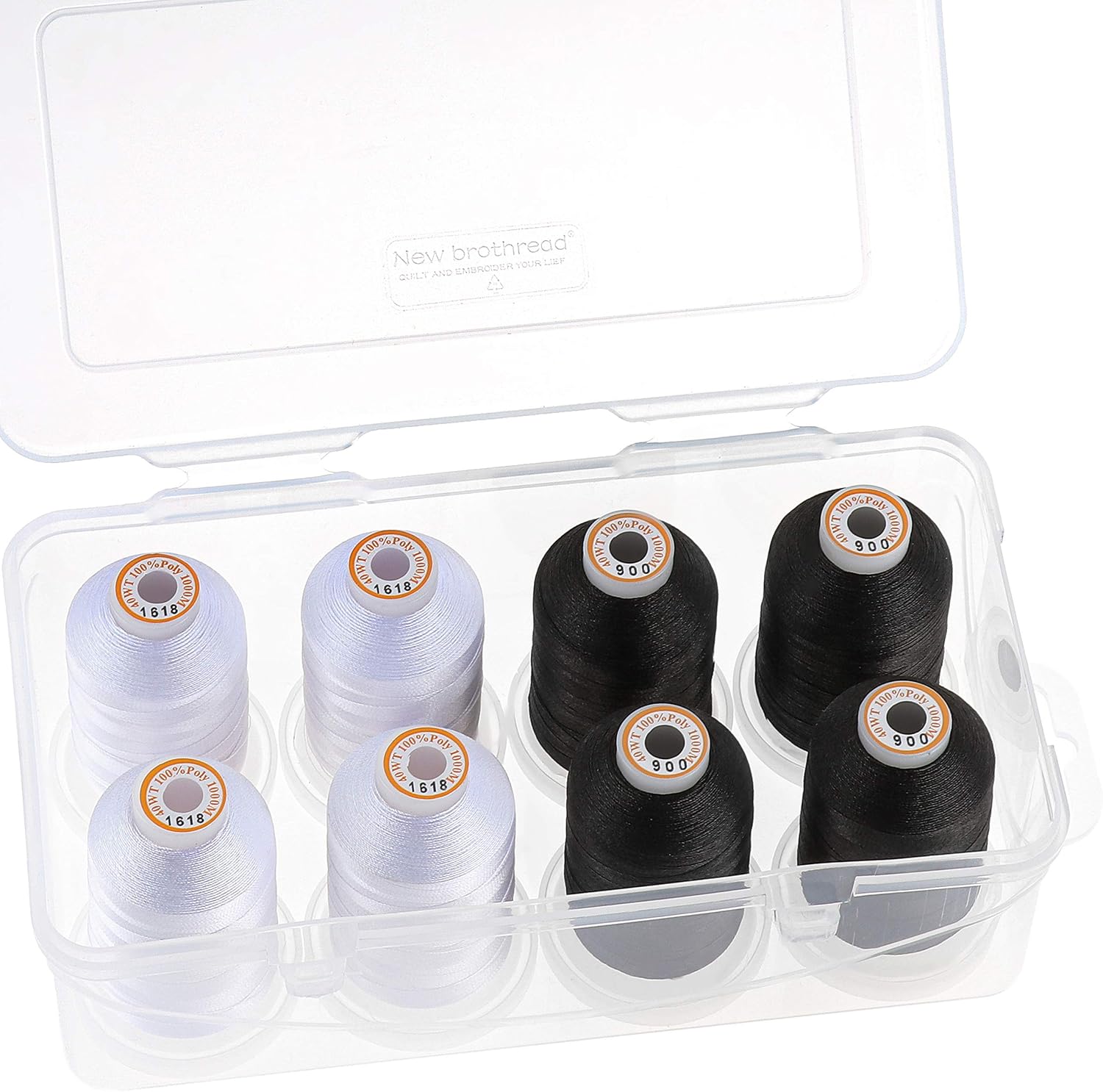 New brothread Polyester Machine Embroidery Thread 1000m with Clear Plastic Storage Box for Embroidery & Quilting - 4xWhite4xBlack