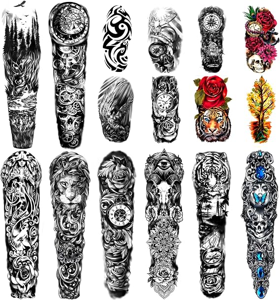 Extra Large waterproof Temporary Tattoos 8 Sheets Full Arm Fake Tattoos and 8 Sheets Half Arm Tattoo Stickers for Men and Women (58x18CM)…
