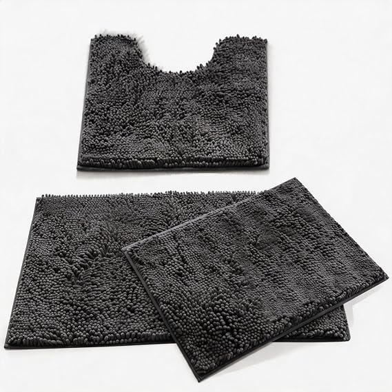 MEGAROOM Non Slip Chenille Bath Mat Sets 3 Pieces - Soft and Anti Mould Bath Mats for Safety and Comfort - Water Absorbent and Quick Drying - Bathroom Carpet Set with U-Shaped Toilet Mat（Dark Grey）