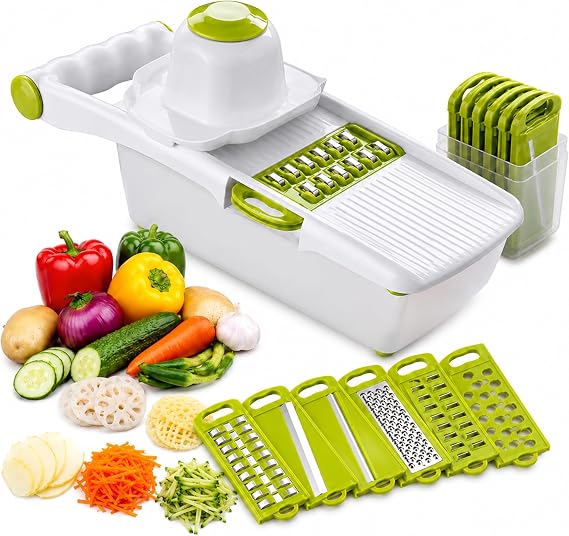 Mandoline Vegetable Slicer, Multifunctional Vegetable Cutter, All in One Mandoline Food Slicer, Adjustable Stainless Steel Blades Vegetables Chopper for Potato, Cucumber, Salad with Safety Gloves