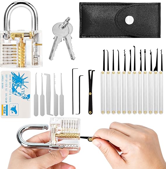 Padlock Opener Tool Set, Professional Locksmith Pick Set with Transparent Locks for Practices and Credit Card Sized Tools Lock Picking Kit