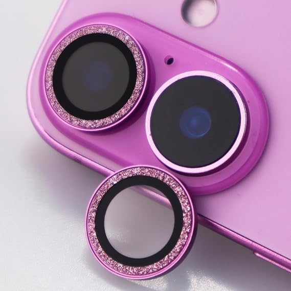 Camera Lens Protector for iPhone 16/16 Plus /17 Sparkling Glitter Tempered Glass Cover Metal Ring Bling Accessories (Pink)