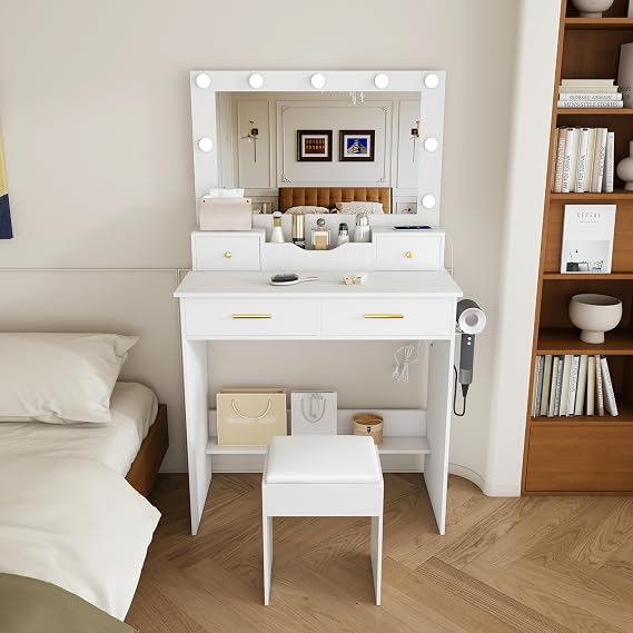 Makeup Vanity Desk with Mirror, 9 Hollywood Bulbs & 4 Drawers (White-S2)