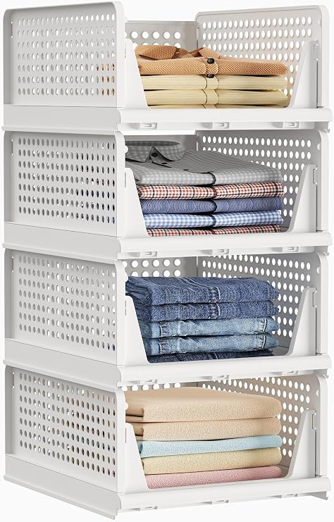HOMIDEC Wardrobe Storage Organiser, 4 Pack Stackable Storage Baskets Boxes