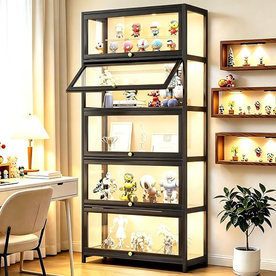 Display Cabinet with Acrylic Glass Doors Tall Curio Cabinet - Collectibles Toy Organizers Rack & Display Shelf - Bookcase for Home Office Playroom Living Room Books Toys (Black-01)