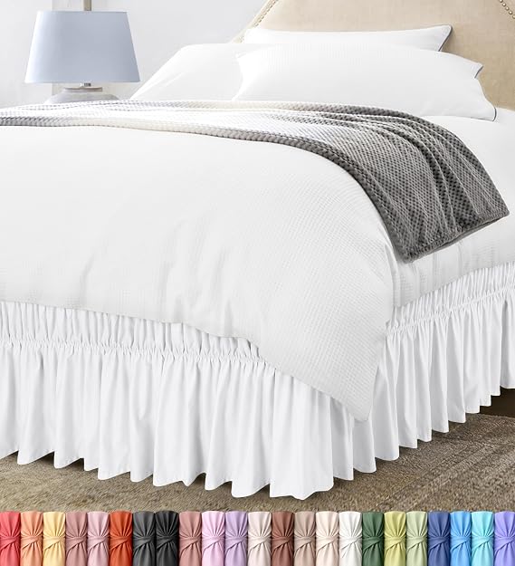 Utopia Bedding King Elastic Bed Ruffle - Easy Wrap Around Ruffle - Microfiber Bed Skirt with Adjustable Elastic Belt 16 Inch Tailored Drop - Hotel Quality Bedskirt, Fade Resistant (King, White)