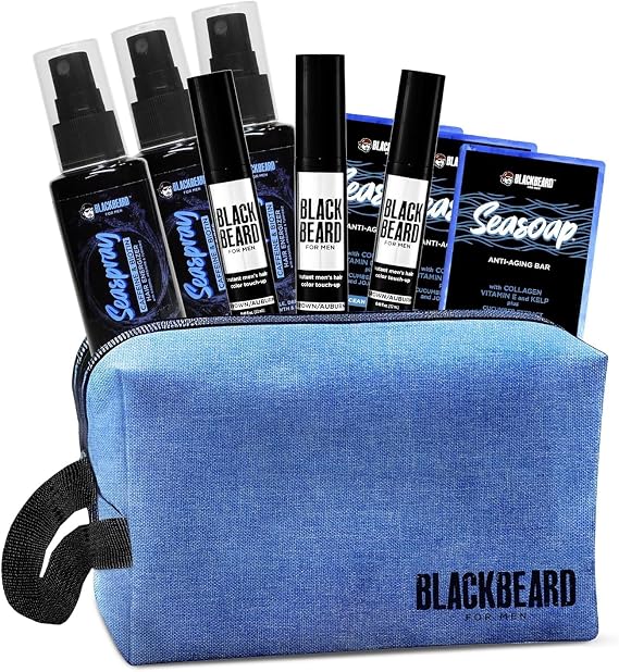 Blackbeard for Men Kit, 3 Pack Beard Dye Alternative, 3 Seasoaps, 3 Seasprays and 1 Shaving Kit Bag (Brown Auburn, 3x Brush 3x Seasoap 3x Seaspray)