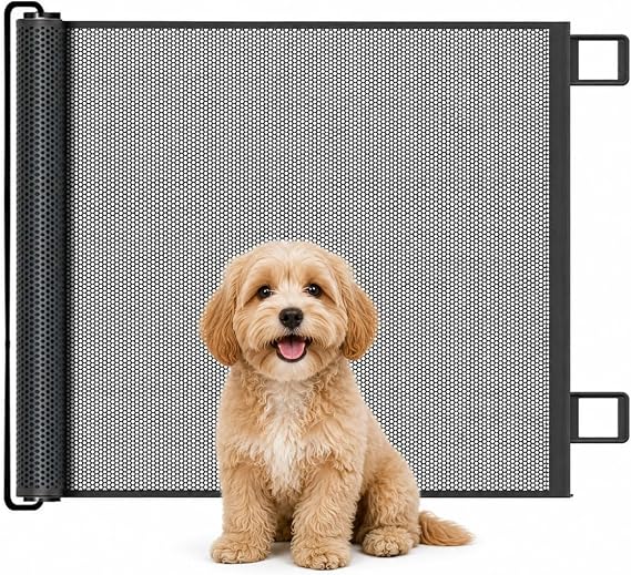 Retractable Stair Gate Mesh Safety Baby Gate for Dog, One Hand Operation