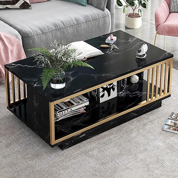 Modern Rectangle Coffee Table with Storage, Faux Marble Top, Black/Gold Metal Frame, 2-Tier Design for Living Room, 47in/120cm, Stylish Svart Finish