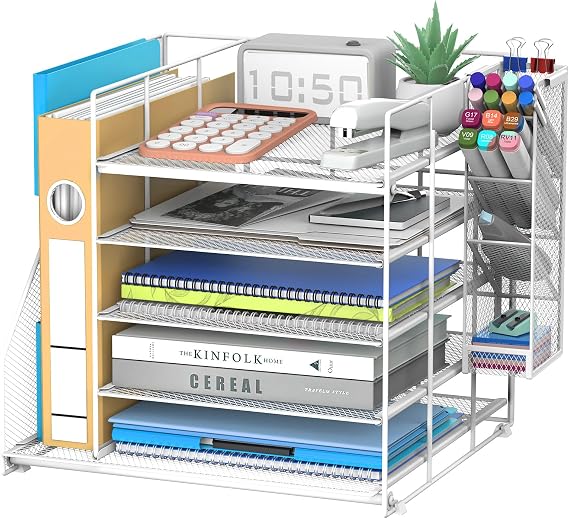 SUPEASY Desk Organiser with File Holder, 5-Tier Paper Letter Tray Organiser with Pen Holders, Large Desktop Storage for Office Supplies(white)