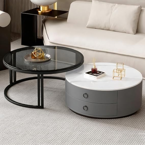 Small Round Nesting Coffee Table Set of 2, Modern Side Table with Storage Drawer, Sintered Stone and Tempered Glass Top, Centre Table for Living Room Apartment Hotel Office