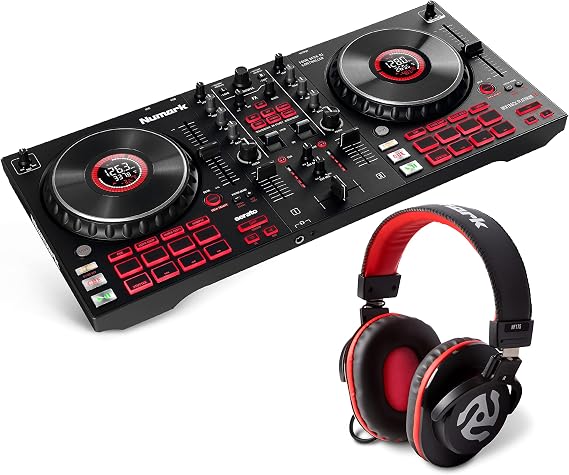 Numark Intermediate-Level 4-Deck DJ Controller and Closed-Back Headphones Set Mixtrack Platinum FX & HF175 Numark