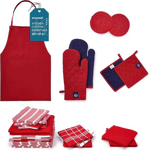 Encasa XO Kitchen Set Tea Towels & Oven Gloves 30 x 26 Inches