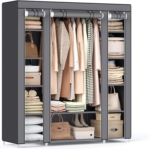 SONGMICS Fabric Wardrobe, 12 Compartments, Metal Frame, 150 x 45 x 175 cm