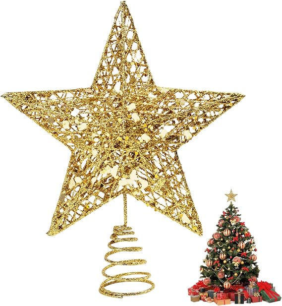 KEYIDO Small Star Mini Tree Topper Gold Star for Christmas Tree Metal Xmas Stars Toppers for Top of Tree Ideas Ornament Glitter Decor on Tree 15 * 12 cm