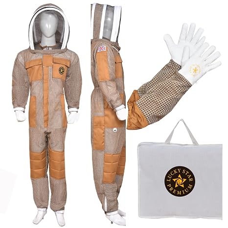 Beekeeping Suit 3-Layer Ventilated Sting-Proof Bee Suit UNISEX | Fencing Veil, Brass Zippers, Reinforced Knees, Multi Pockets + FREE Gloves & Carry Bag (Brown, M)