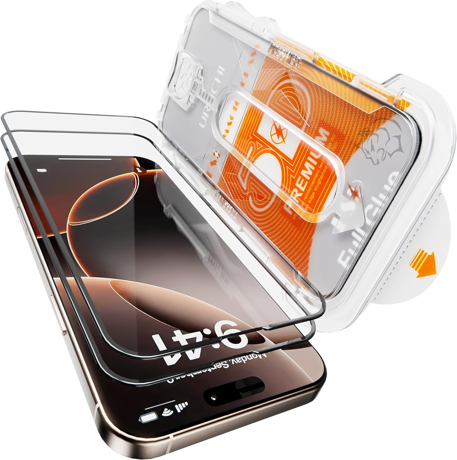 PREMIUM [2-Package] Alignment Apparatus Compatible with URUCHI URUCHI iPhone 15 Plus / 16 Plus and Extra Strong Screen Protective Glass Against Strokes That Leave Absolutely No Dust Under the Glass When Installing