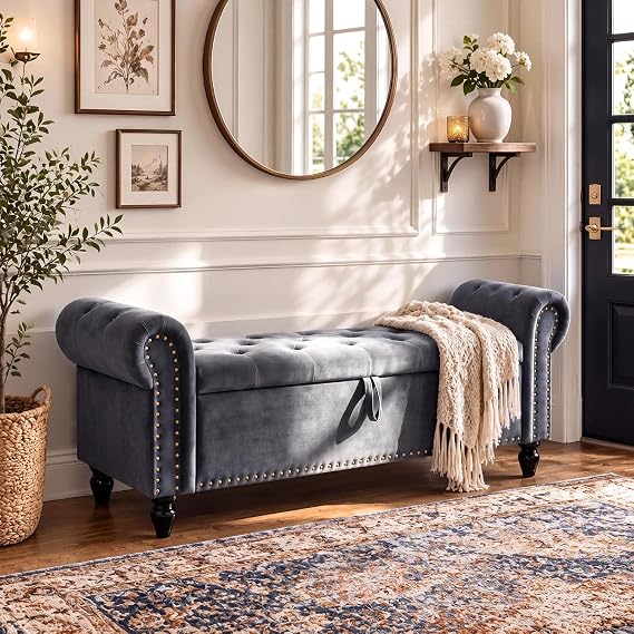Clevich Storage Bench 133cm, Velvet Indoor Footstool, 70 L Sofa Bench