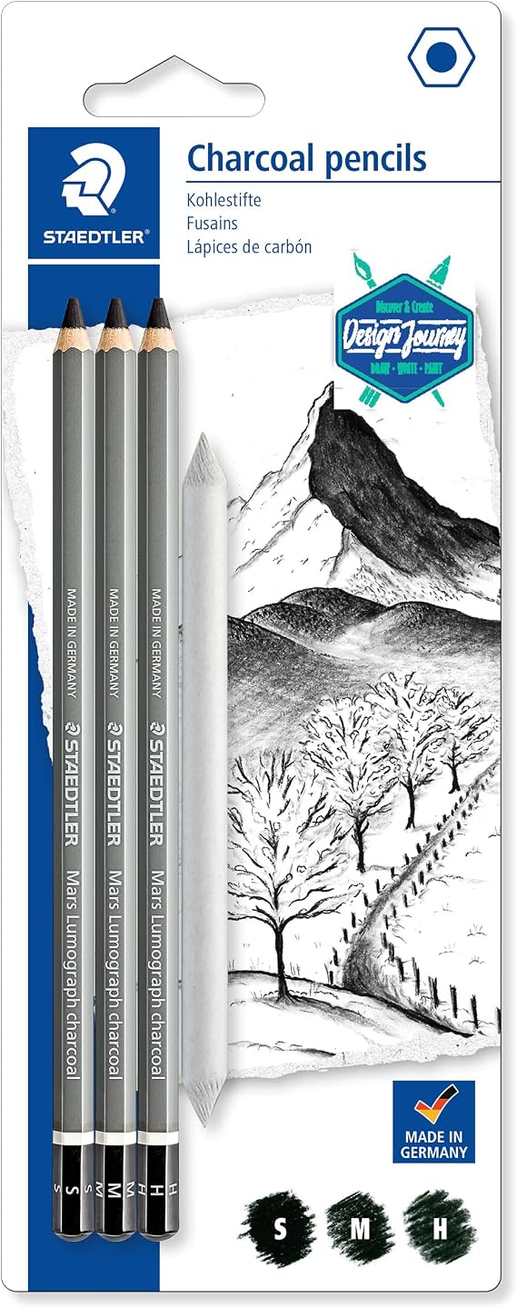Staedtler Mars Lumograph Journey Design Charcoal 100C SBK4 - Blister Pack of 3 Assorted Graphite Pencils and 1 Blending Stump, black