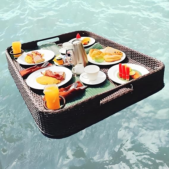 Floating Tray Luxury Floating Tray Retro Water Floating Breakfast Tray Wooden Rattan Basket with Handles,for Hotel Villa Swimming Pool Floating Plate Rectangle-Coffee