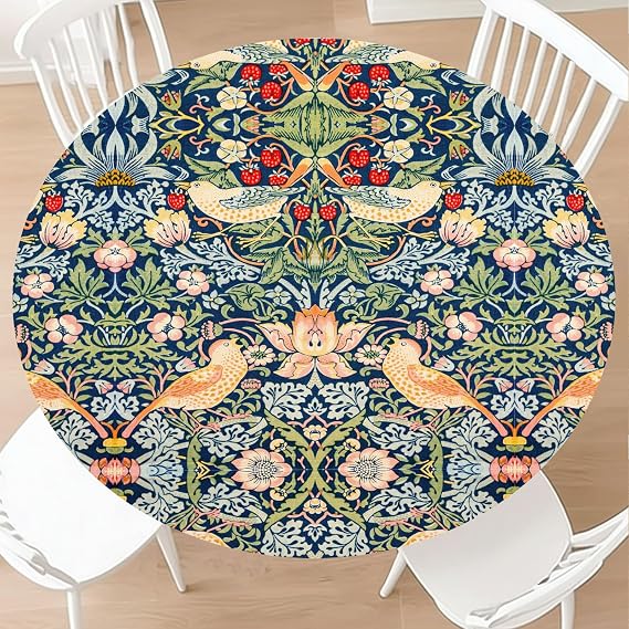 Round Fitted Tablecloth with Elastic Edge Chinoiserie Blue Sage Green Teal Pimpernel Picnic Table Cover Colorful Floral Bird Red Strawberry Vintage Flower Table Cloth Fit 45"-50" Tables For Patio