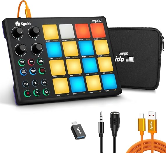 Synido Beat Maker Machine for Music Production, TempoPAD Portable USB MIDI Pad Controller for Beginners with Durable Carrying Bag, 16 Backlit Beat Pad, 4 Assignable