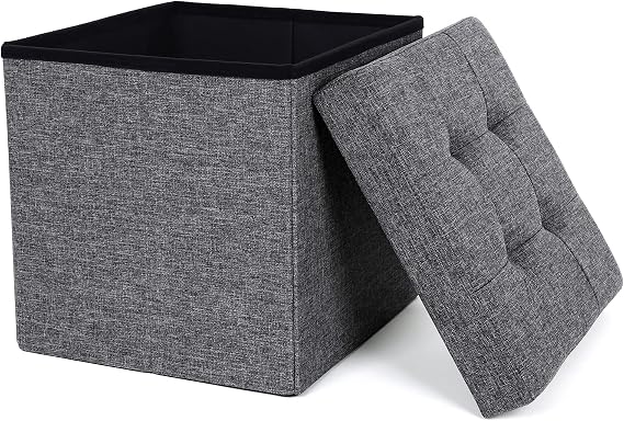 SONGMICS Saklama Alanlı Tabure, Kapaklı Küp, Oturma Sandığı, Saklama Kutusu, Katlanabilir, Maksimum Statik Taşıma Kapasitesi 300 Kg, 40 L, 38 x 38 x 38 cm Suni Keten, Koyu Gri Spf27Z