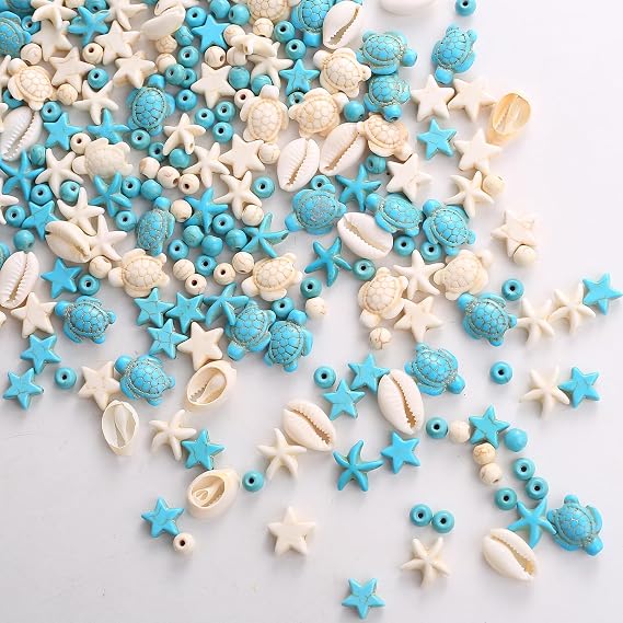344pcs Turquoise Animal Beads: Blue and White Starfish, Turtle, Round, Shell for Jewelry Making DIY Bracelet, Necklace