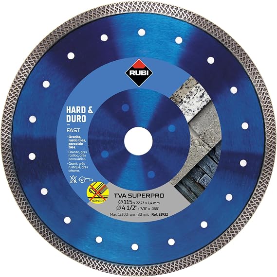 RUBI | Hard Materials Turbo Viper Diamond Blade | Dry Cutting of Granite, Rustic Tiles, Klinker, Refractories, Slate and Porcelain Tiles | Inside D.: 22,2 mm | Outside D.: 115 mm | TVA-115 SUPERPRO