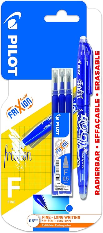 PILOT Frixion Erasable Rollerball Pen Fine 0.5mm Tip- Blue, Pen and 3 Refills