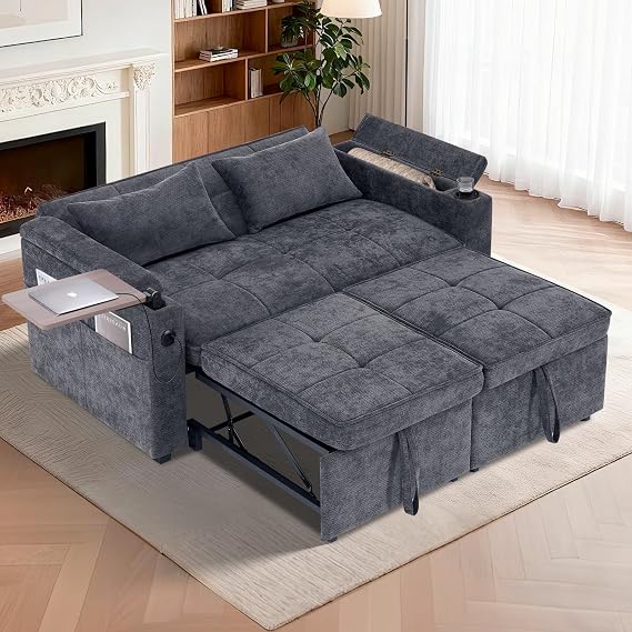 2 Seater Sofa Bed, 3 In 1 Convertible Sleeper Bed, Pull Out Double Sofa Bed with Cup Holders and Hidden small table, USB & Type-C Charging Ports for Apartment, Living Room, Bedroom,Dark Gray