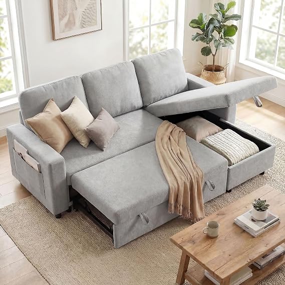 HOMCOM Sofa Bed with Storage Convertible L Shaped Couch Light Grey