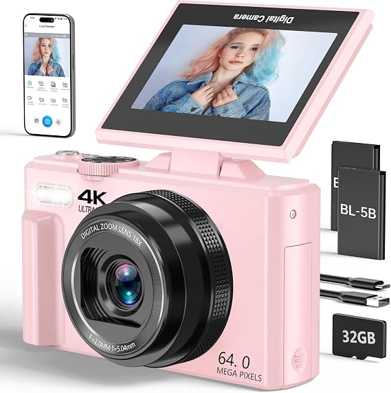 VJIANGER 4K Digital Camera, Vlogging Camera with 180° Flip Screen