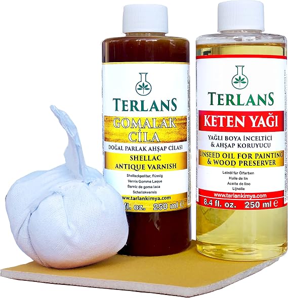 Terlans Doğal Ahşap Cila Seti Gomalak + Keten Yağı + Sürme Topu + Süngerli Zımpara