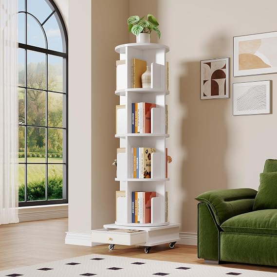 360° Rotating Bookshelf 4 Tier Rotating Bookshelfs Floor Standing with 1 Drawer Mobile Bookshelf with Wheels for Living Room, Bedroom, Study Office