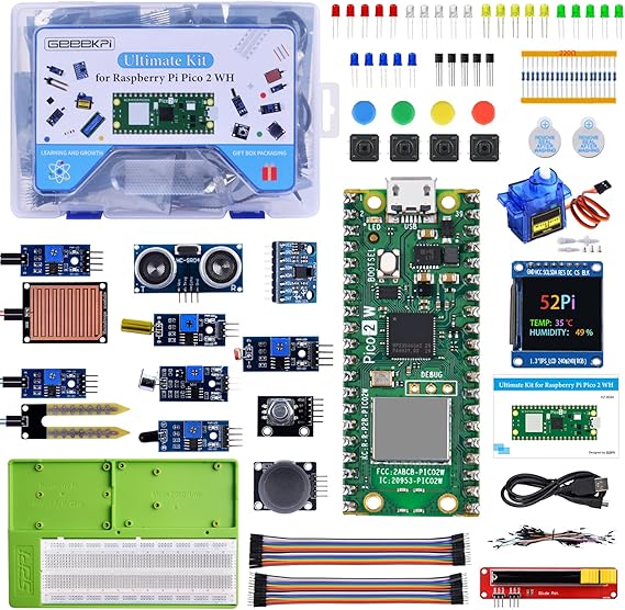 GeeekPi Ultimate Starter Kit for Raspberry Pi Pico 2 W (Included), Dual Arm Cortex-M33 and Dual Hazard3 RISC-V Microcontroller, with Detailed Tutorial, Multiple Items and Projects, Python C Java Code