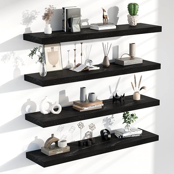 Floating Shelves for Wall, 48 Inch Extra Long Black Wall Shelves, Set of 4, Hanging Invisible Brackets Floating Shelves for Living Room,Bedroom,and Kitchen