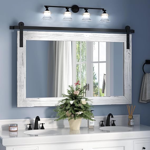 COGOOD Farmhouse Barn Door Mirror - 39.4" X 23.6" Rustic Wood Framed Wall Mirror for Bathroom, Living Room, Bedroom Wall Decor (White)