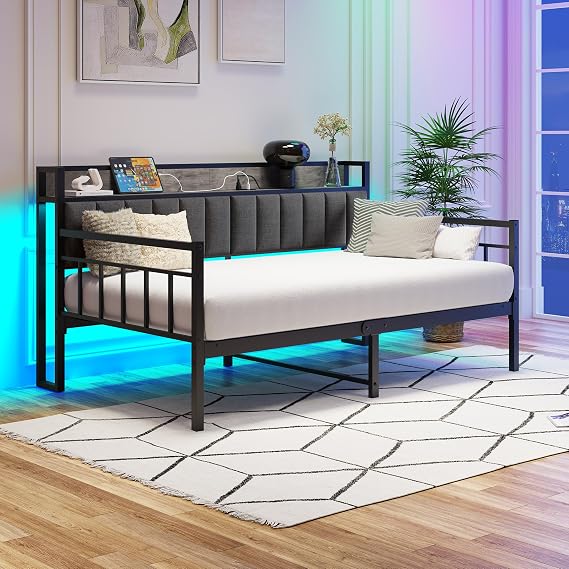 3FT Single Bed Frame with Storage Shelf,Charging Station/LED Lights,Heavy Duty Metal Bed Frame Single Daybed with Storage,Single Bed with Upholstered Headboard,Sofa Bed Corner Bed 90x190,Grey