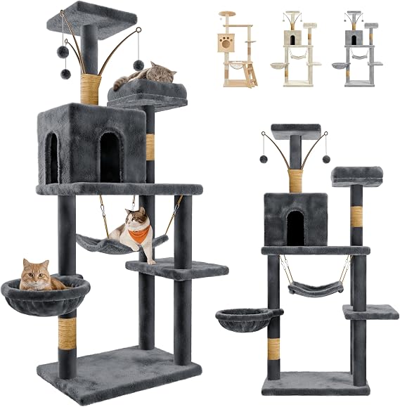 JUPPLIES Scratching Tree for Cats 143 cm – Play and Rest Tower with 5 Platforms, 3 Nests, 1 Cave and Hammock – Sisal Post and Stable Base 60 × 40 cm – Ideal for Homes (Dark Grey)